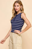 Button Detail Contrast Binding Stripe Tank Top - Rosa Apparel