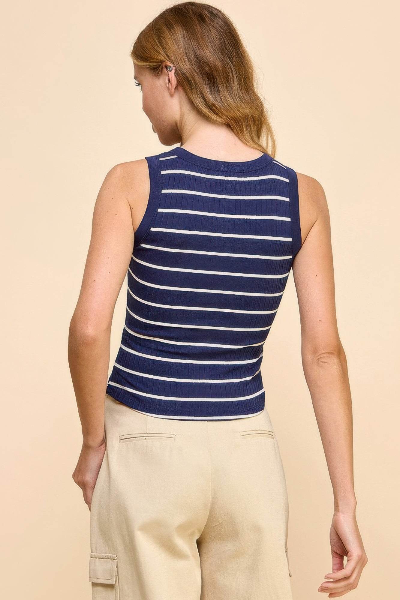 Button Detail Contrast Binding Stripe Tank Top - Rosa Apparel