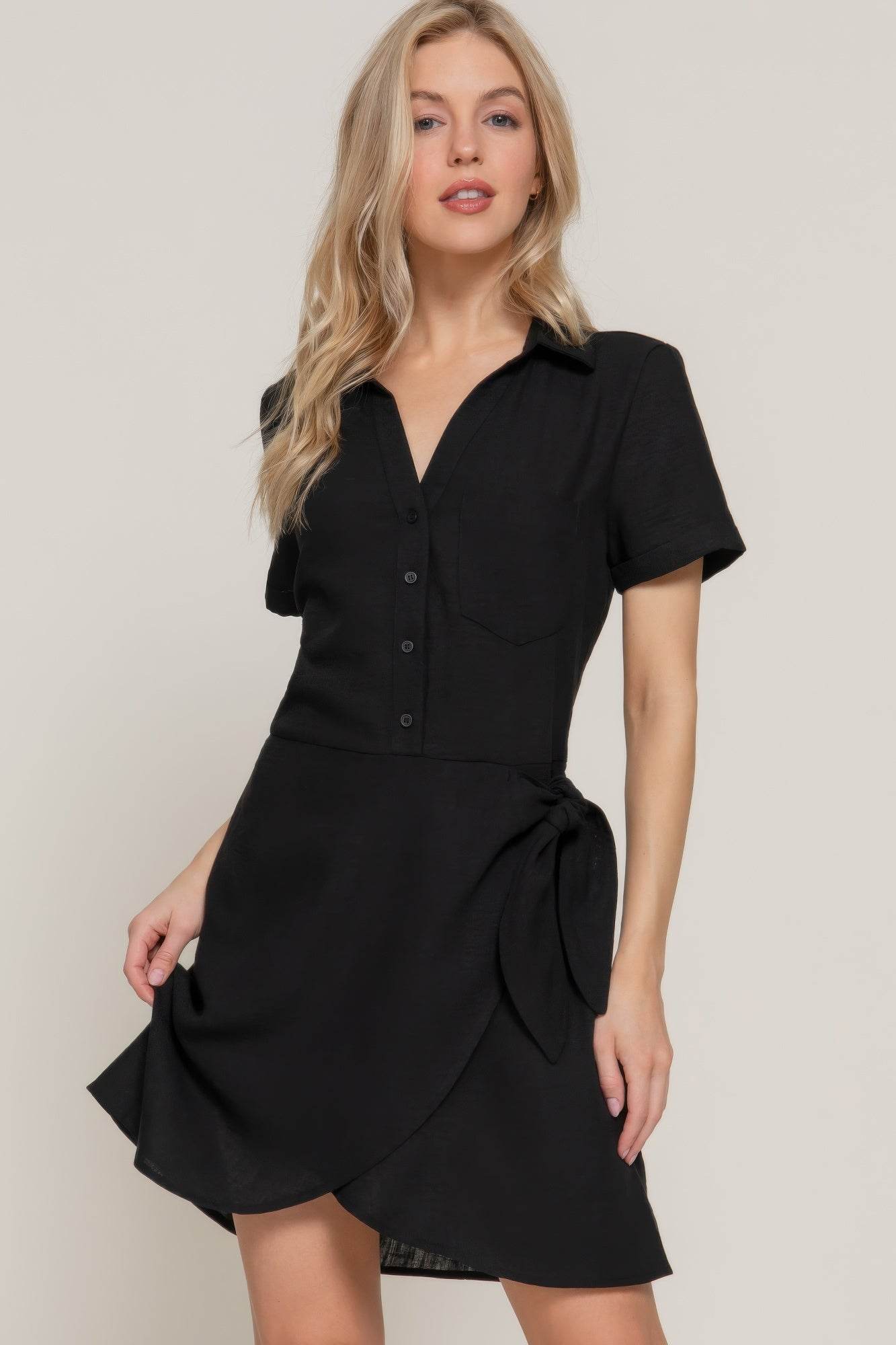 Button Down Side Bow Mini Dress – Black Linen Effect | Rosa Apparel - Rosa Apparel