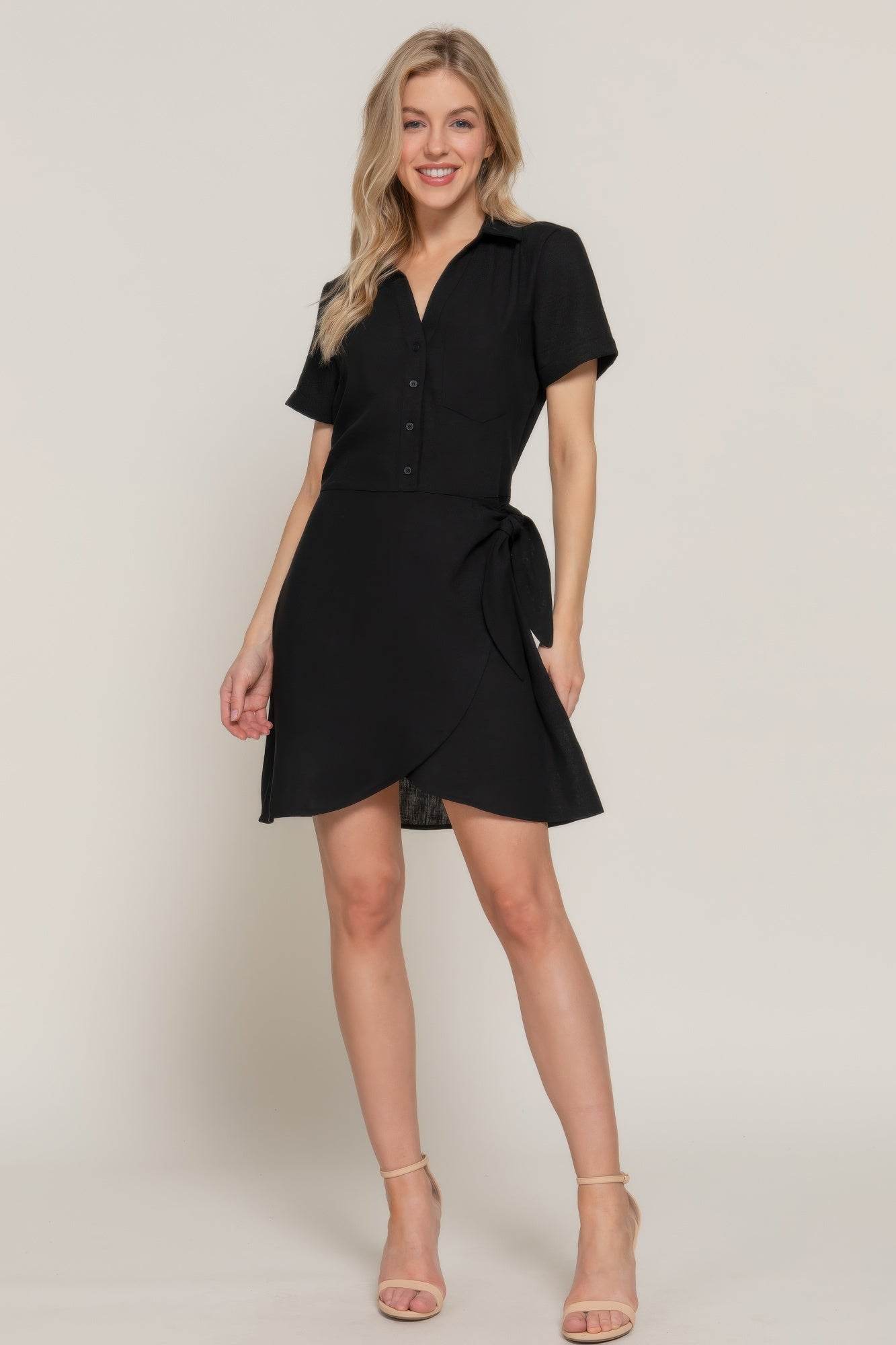 Button Down Side Bow Mini Dress – Black Linen Effect | Rosa Apparel - Rosa Apparel