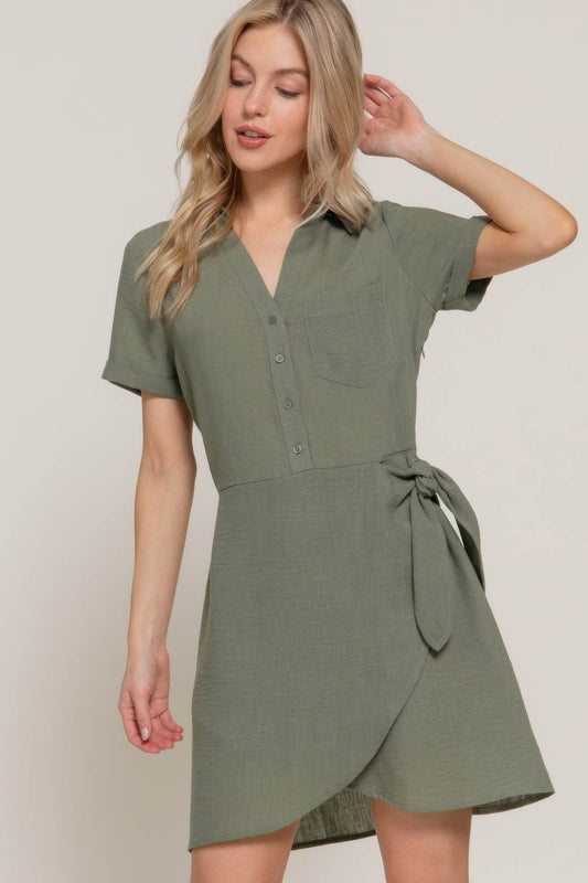 Button Down Side Bow Mini Dress – Olive Linen Effect | Rosa Apparel - Rosa Apparel