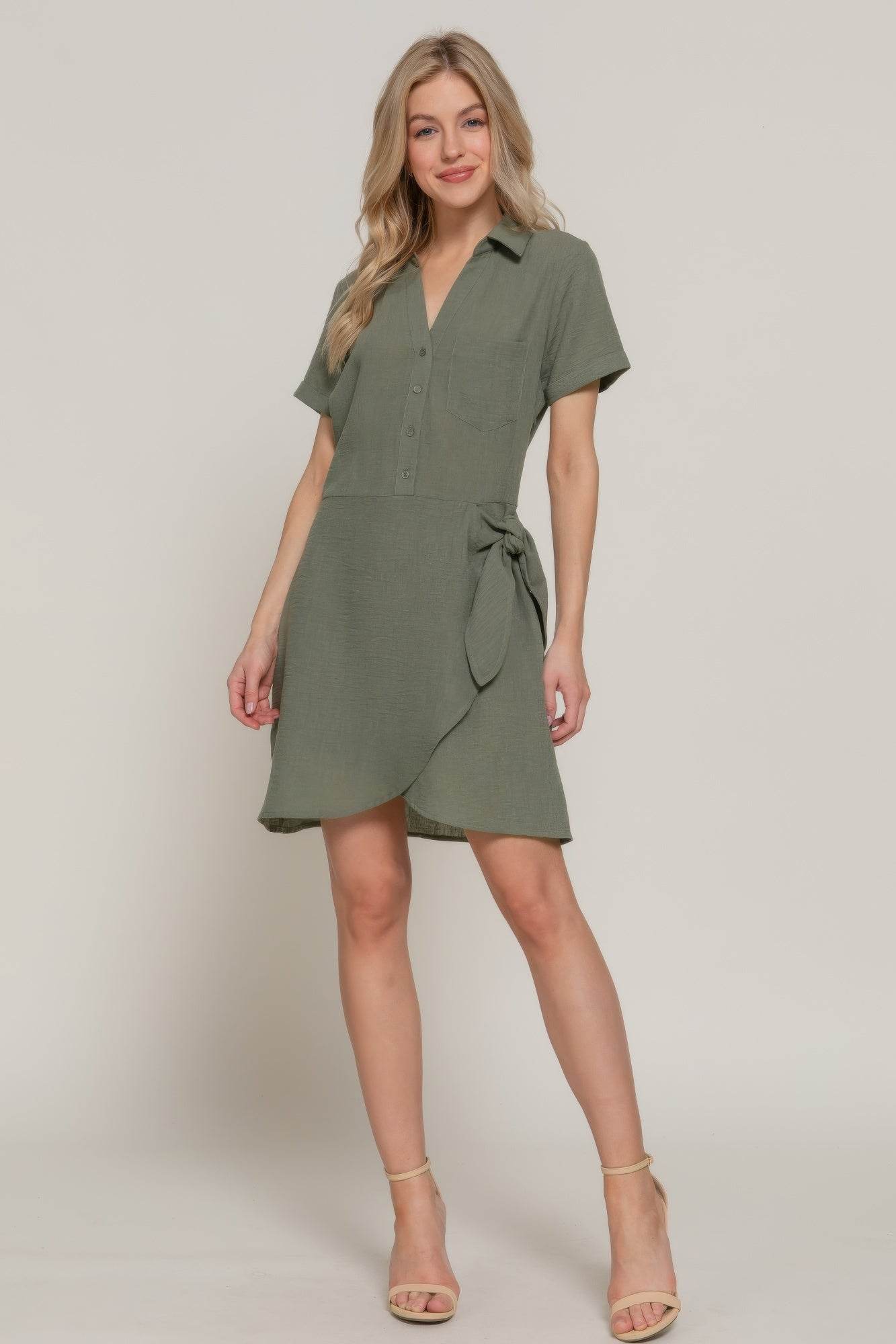 Button Down Side Bow Mini Dress – Olive Linen Effect | Rosa Apparel - Rosa Apparel