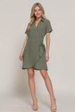 Button Down Side Bow Mini Dress – Olive Linen Effect | Rosa Apparel - Rosa Apparel