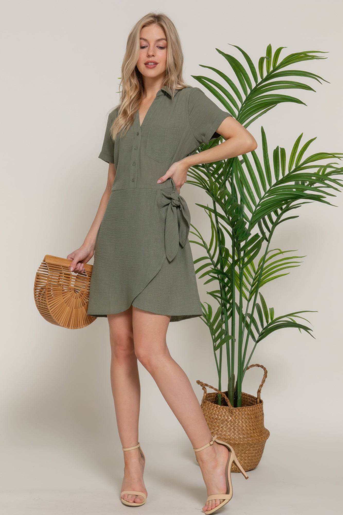 Button Down Side Bow Mini Dress – Olive Linen Effect | Rosa Apparel - Rosa Apparel