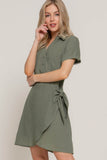 Button Down Side Bow Mini Dress – Olive Linen Effect | Rosa Apparel - Rosa Apparel