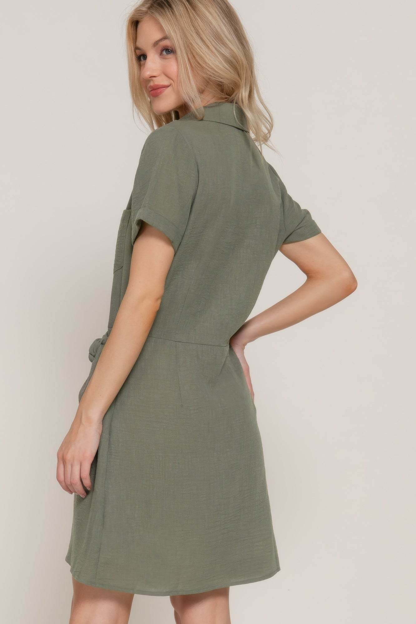 Button Down Side Bow Mini Dress – Olive Linen Effect | Rosa Apparel - Rosa Apparel