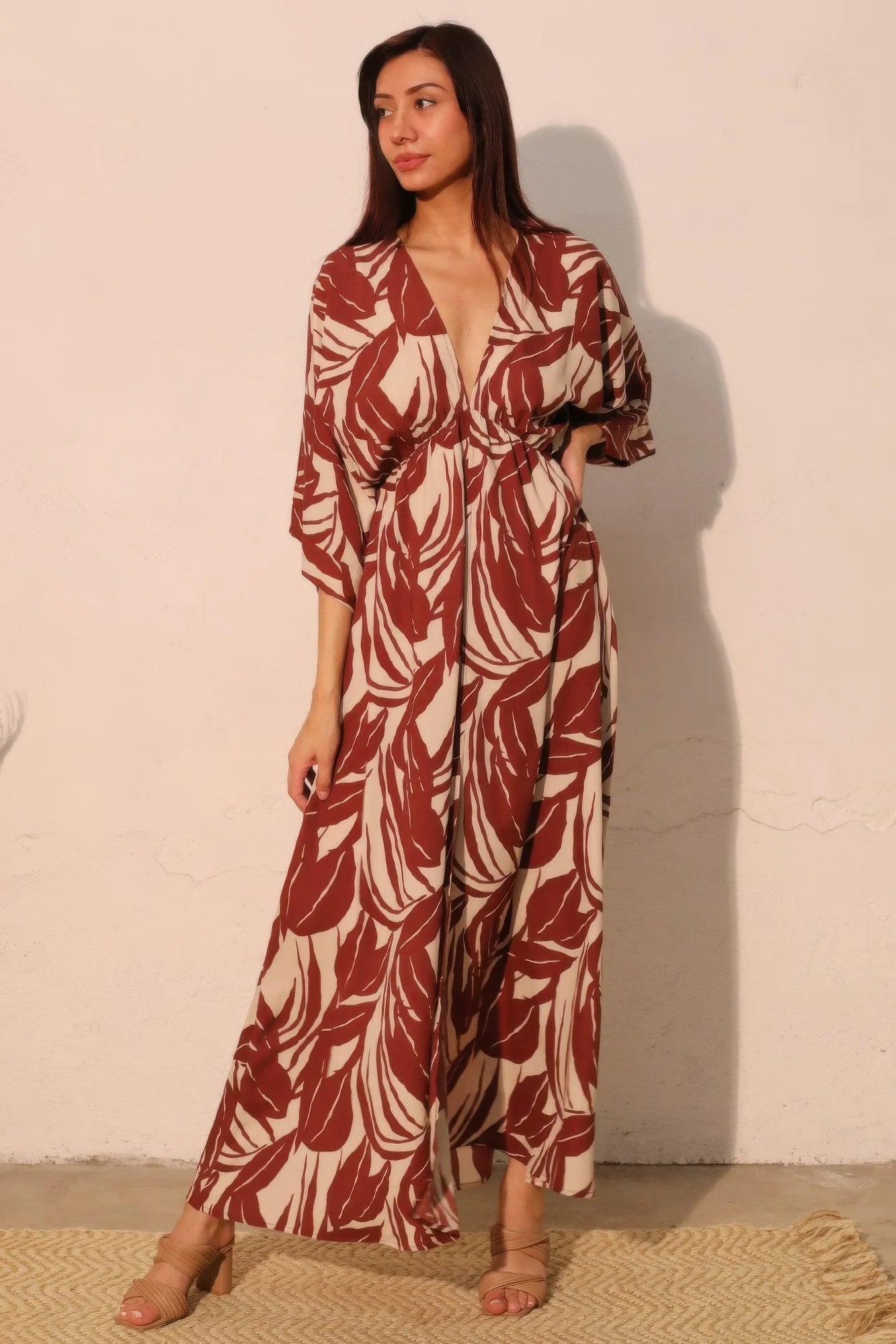 Lucca Leaf Kimono Maxi Dress – Tropical Leaf Print Resort Maxi Dress for Women