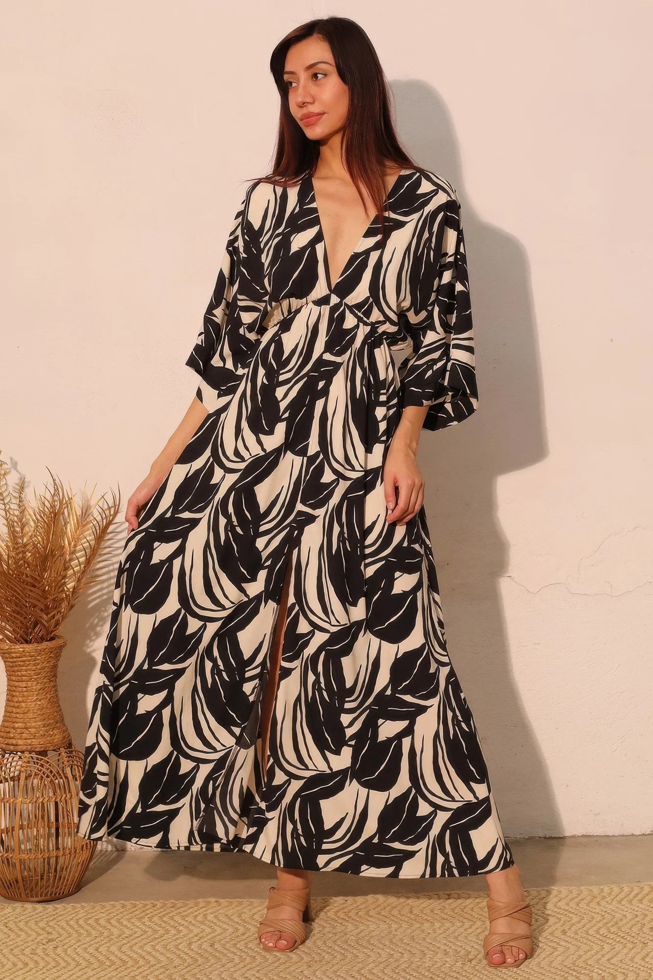 Lucca Leaf Kimono Maxi Dress – Tropical Leaf Print Resort Maxi Dress for Women
