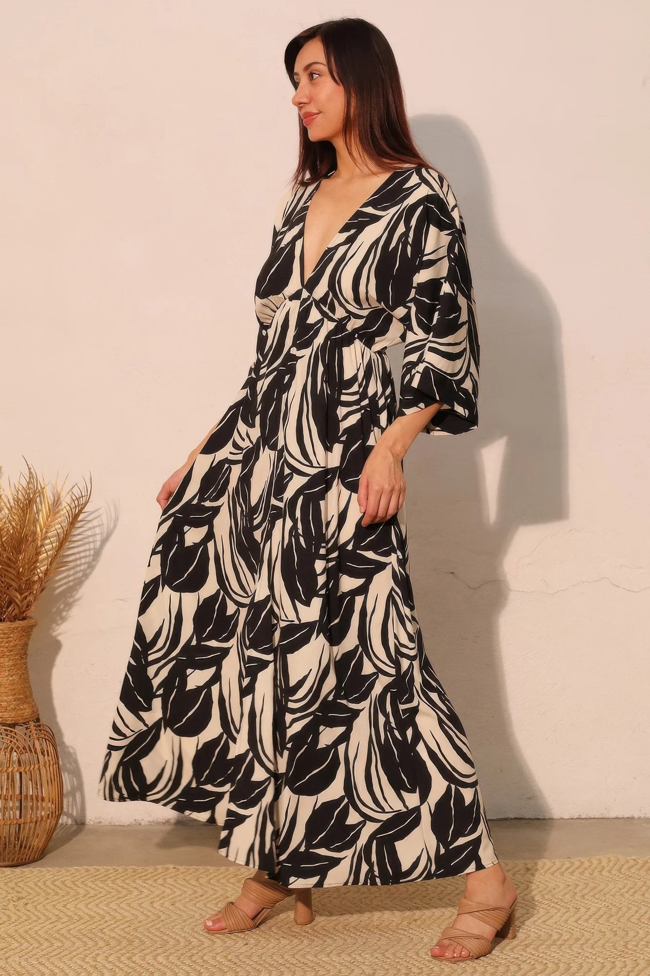 Lucca Leaf Kimono Maxi Dress – Tropical Leaf Print Resort Maxi Dress for Women