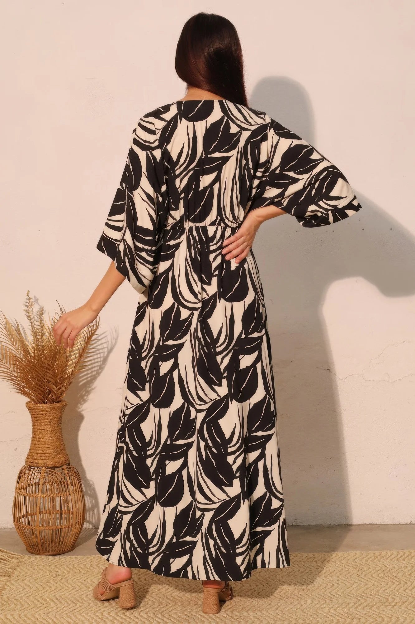 Lucca Leaf Kimono Maxi Dress – Tropical Leaf Print Resort Maxi Dress for Women