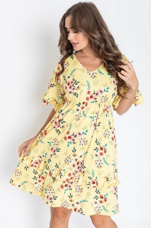 Casual Floral V-Neck Short Sleeves Ruffle Dress by EG Fashion - Rosa Apparel