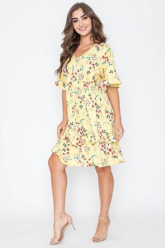 Casual Floral V-Neck Short Sleeves Ruffle Dress by EG Fashion - Rosa Apparel