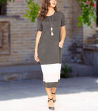 Casual Short Sleeves Round Neck Color Block Calf Length Dress by EG Fashion - Rosa Apparel