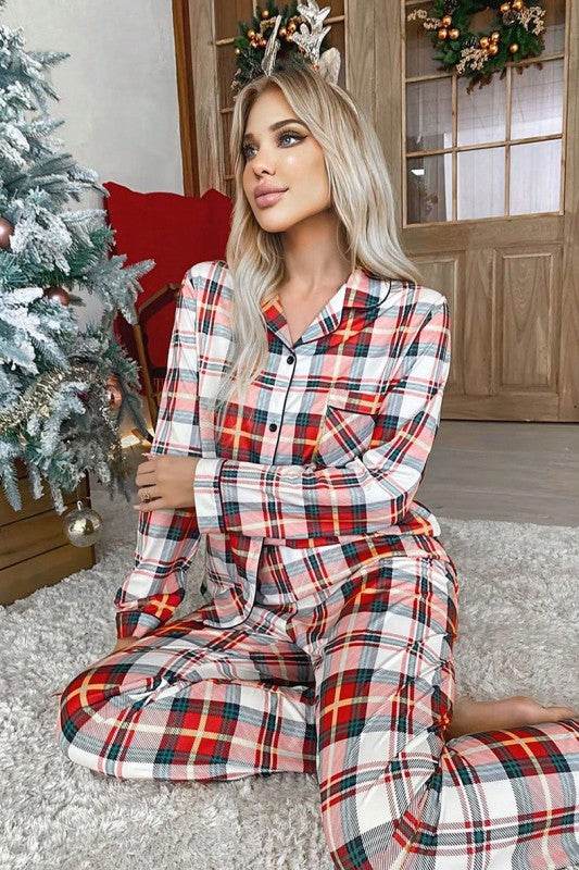 Christmas Plaid Two-Piece Long Sleeve Pajamas Set – Women’s Holiday PJs by Rosa Apparel - Rosa Apparel