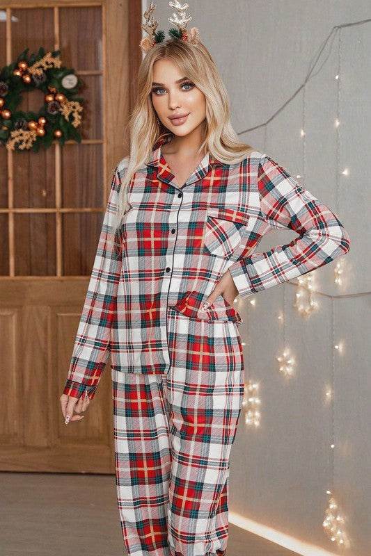 Christmas Plaid Two-Piece Long Sleeve Pajamas Set – Women’s Holiday PJs by Rosa Apparel - Rosa Apparel