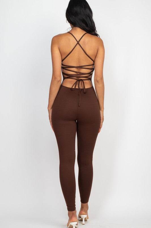 Capella Crisscross Open Back Round Neck Bodycon Jumpsuit - Rosa Apparel