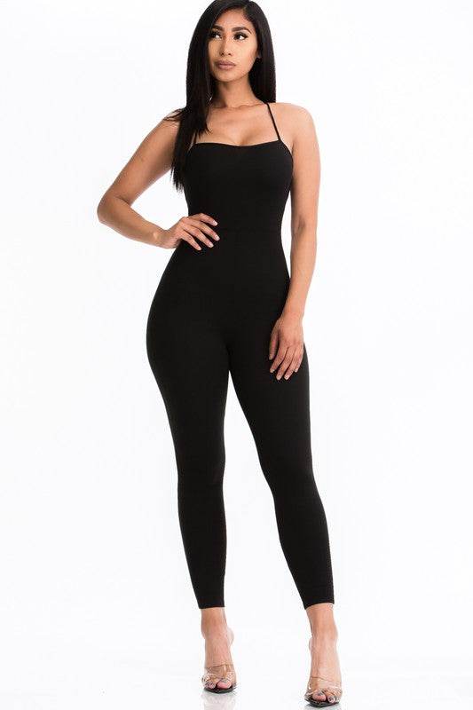 Capella Crisscross Open Back Round Neck Bodycon Jumpsuit - Rosa Apparel