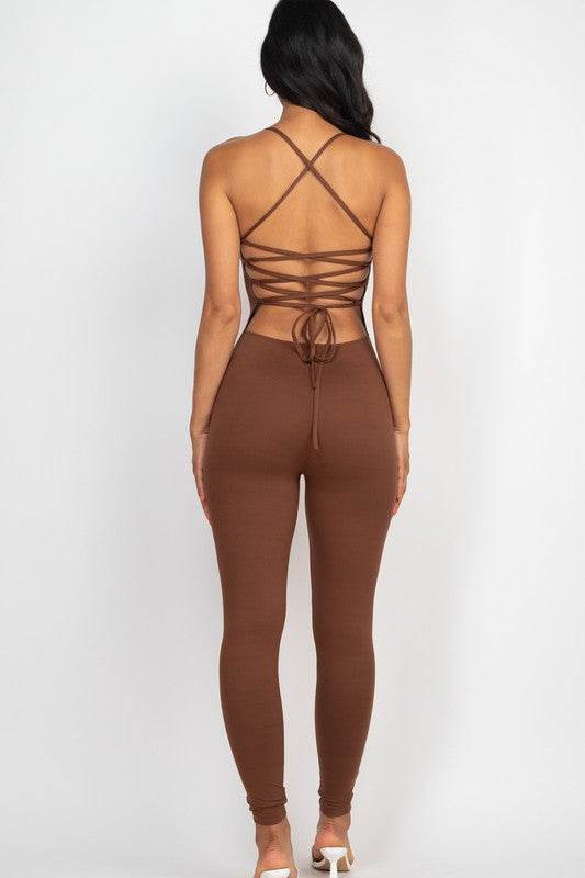 Capella Criss-Cross Open Back Round Neck Bodycon Jumpsuit-Rosa Apparel DOWNTOWN BROWN / L Capella Criss-Cross Open Back Round Neck Bodycon Jumpsuit-Rosa Apparel DOWNTOWN BROWN / L