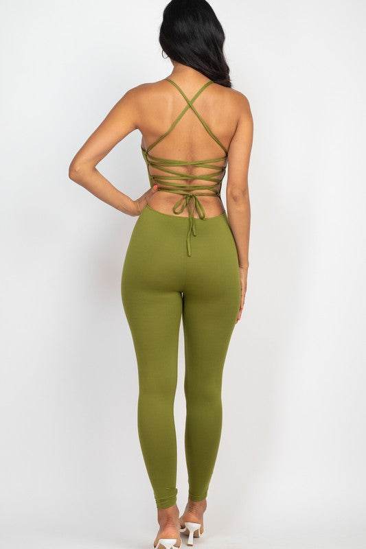 Capella Crisscross Open Back Round Neck Bodycon Jumpsuit - Rosa Apparel