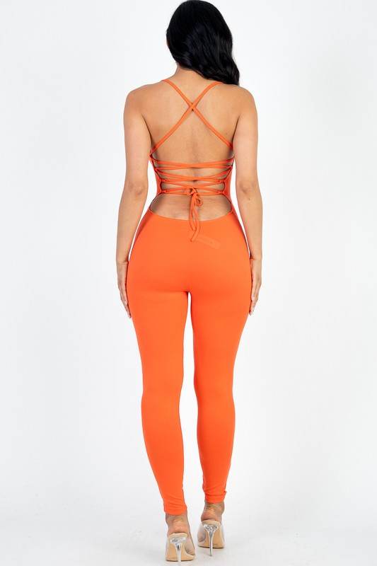 Capella Crisscross Open Back Round Neck Bodycon Jumpsuit - Rosa Apparel