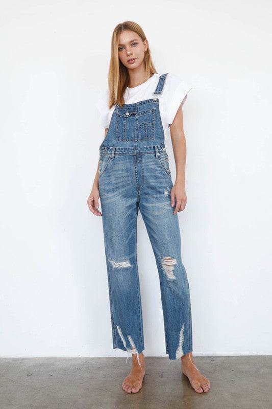 Denim Lab High Waist Ripped Straight Denim Overall Jumpsuit - Rosa Apparel