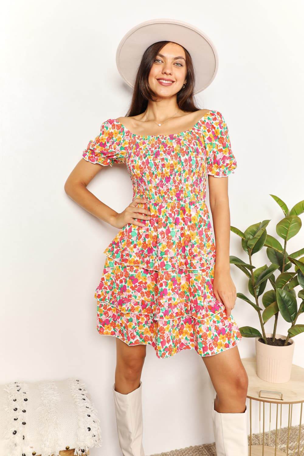 Devine Smocked Sweetheart Neck Flounce Sleeve Mini Dress - Rosa Apparel