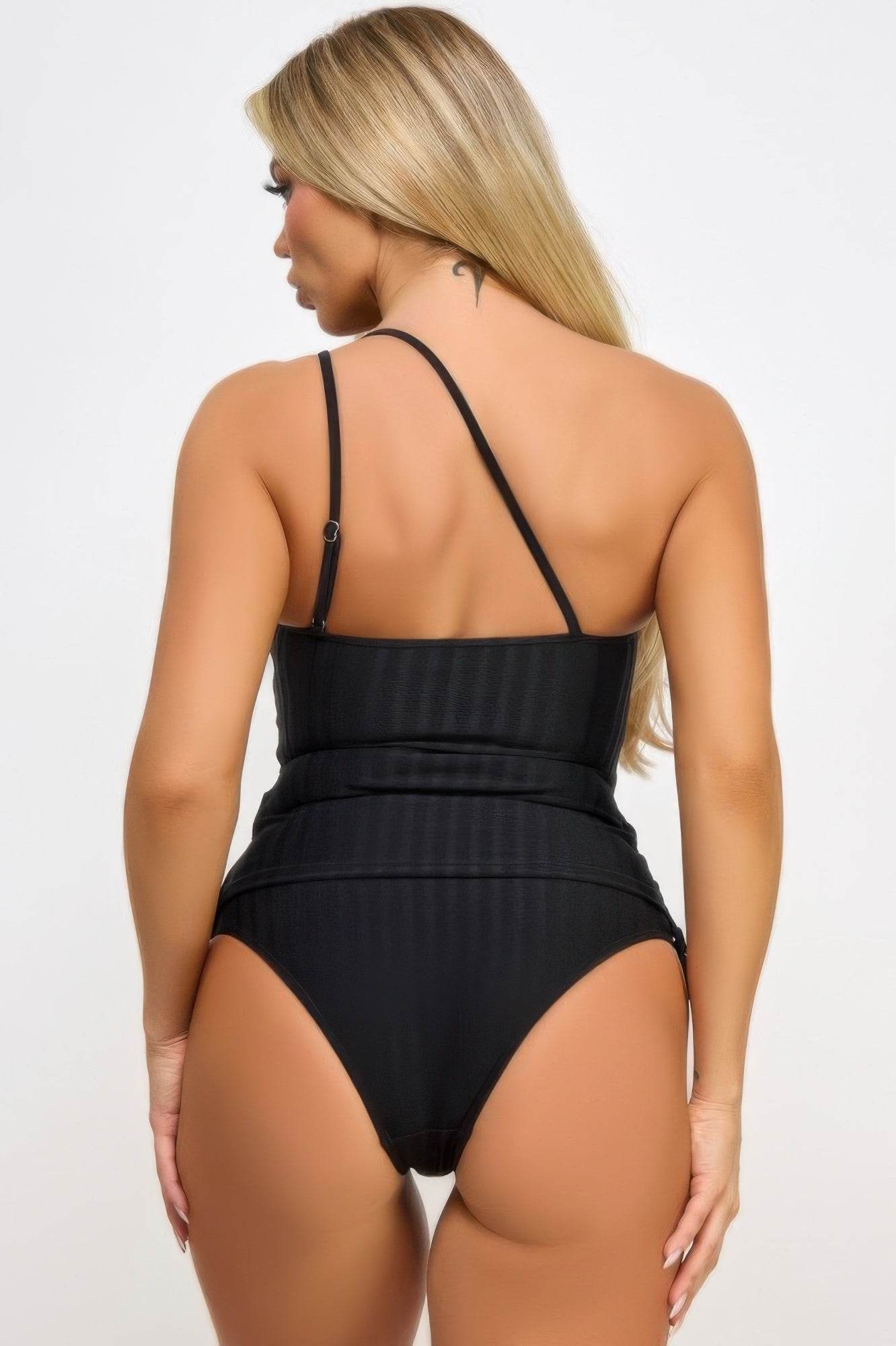 Donna Ribbed Asymmetrical One-Shoulder Tankini Set - Rosa Apparel