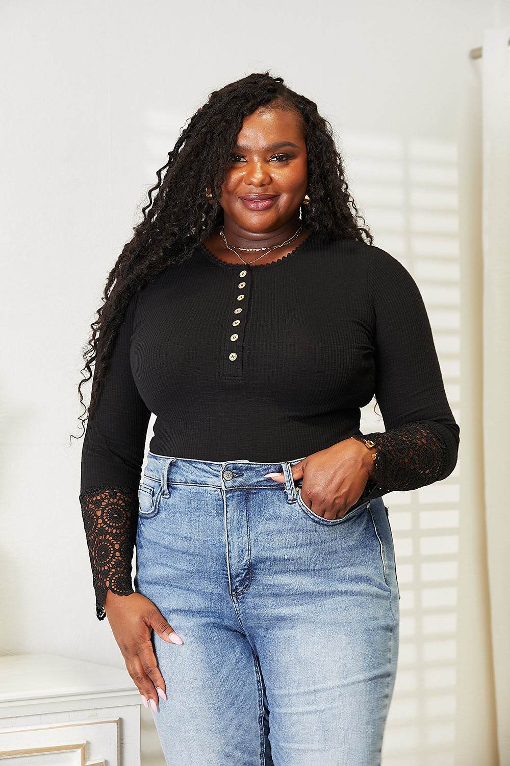 Double Take Crochet Lace Hem Sleeve Button Top - Rosa Apparel