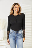 Double Take Crochet Lace Hem Sleeve Button Top - Rosa Apparel