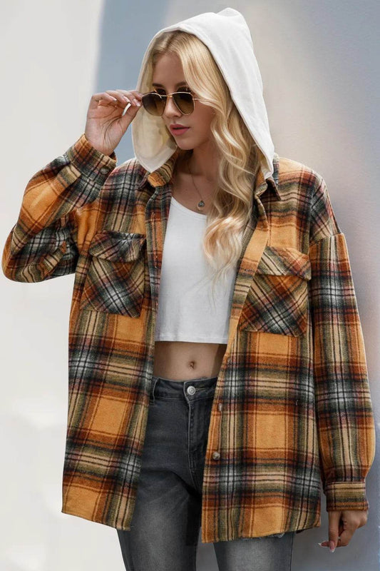 Double Take Drawstring Plaid Long Sleeve Hooded Shacket - Rosa Apparel