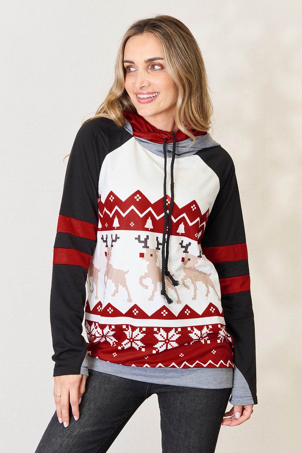 Double Take Full Size Christmas Drawstring Long Sleeve Hoodie - Rosa Apparel