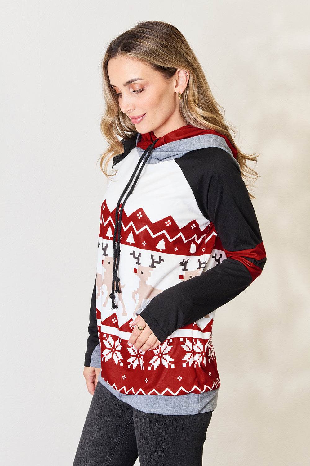 Double Take Full Size Christmas Drawstring Long Sleeve Hoodie - Rosa Apparel