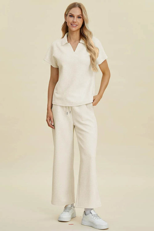 Double Take Full Size Collared Neck Short Sleeve Top and Pants Set - Rosa Apparel