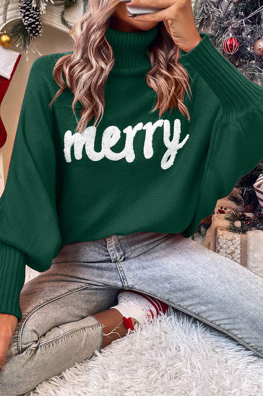 Double Take Full Size Merry Christmas Turtleneck Long Sleeve Sweater - Rosa Apparel
