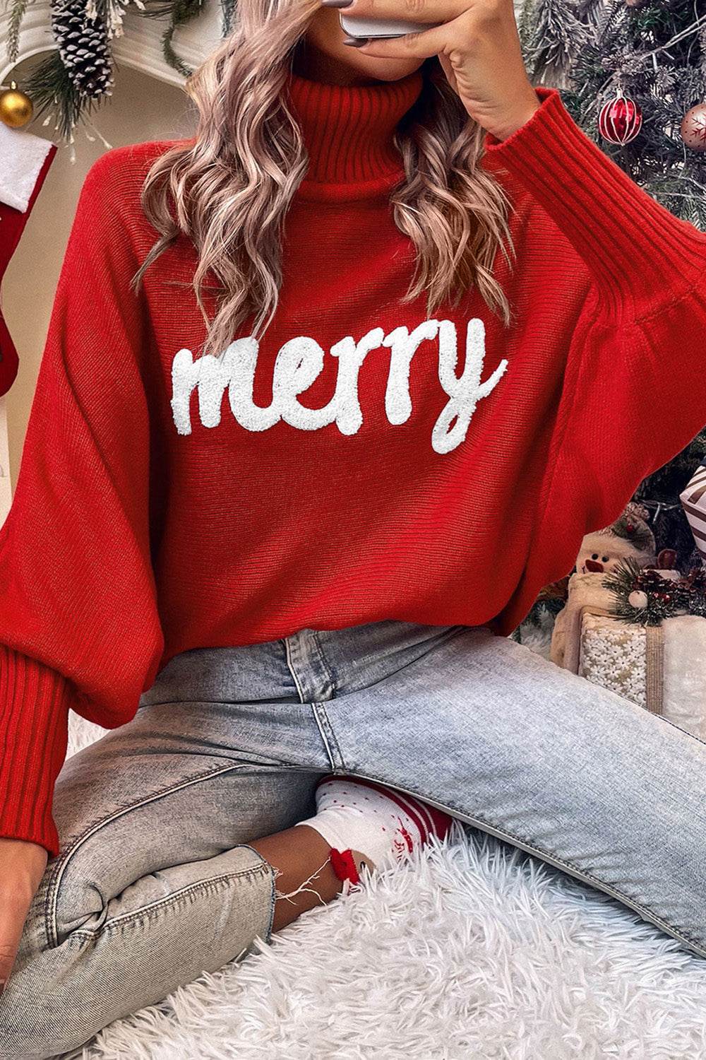Double Take Full Size Merry Christmas Turtleneck Long Sleeve Sweater - Rosa Apparel