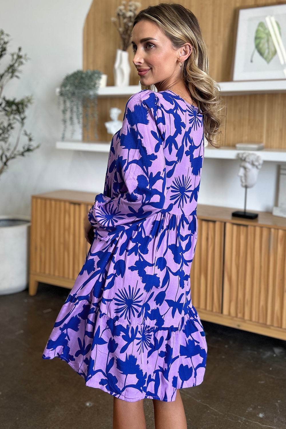 Double Take Full Size Printed Ruffle Hem Long Sleeve Midi Dress - Rosa Apparel