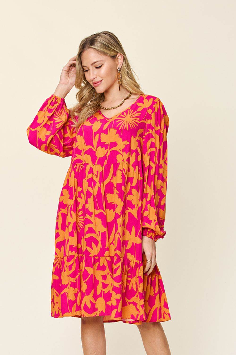 Double Take Full Size Printed Ruffle Hem Long Sleeve Midi Dress - Rosa Apparel