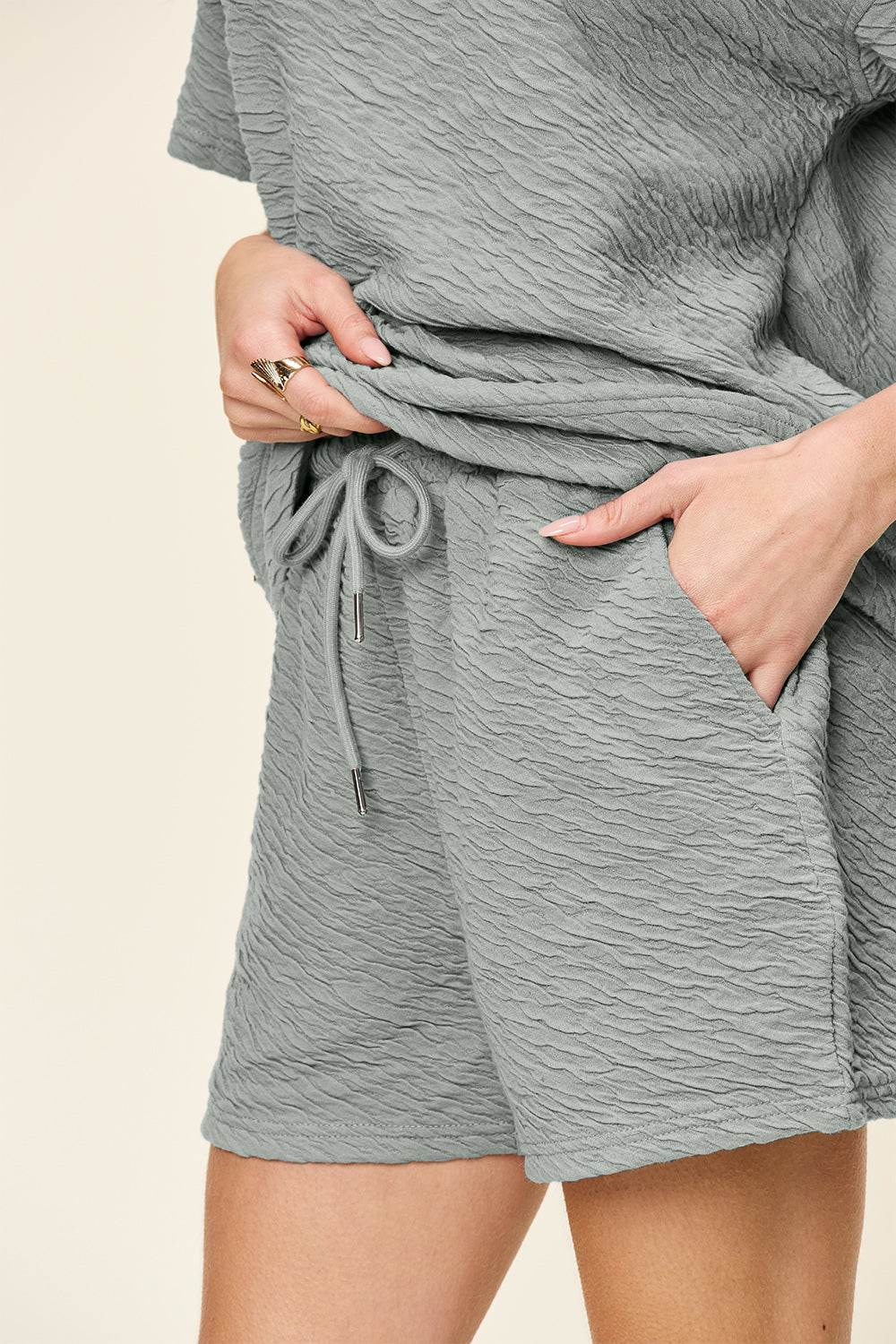 Double Take Full Size Texture Short Sleeve T-Shirt and Drawstring Shorts Set - Rosa Apparel