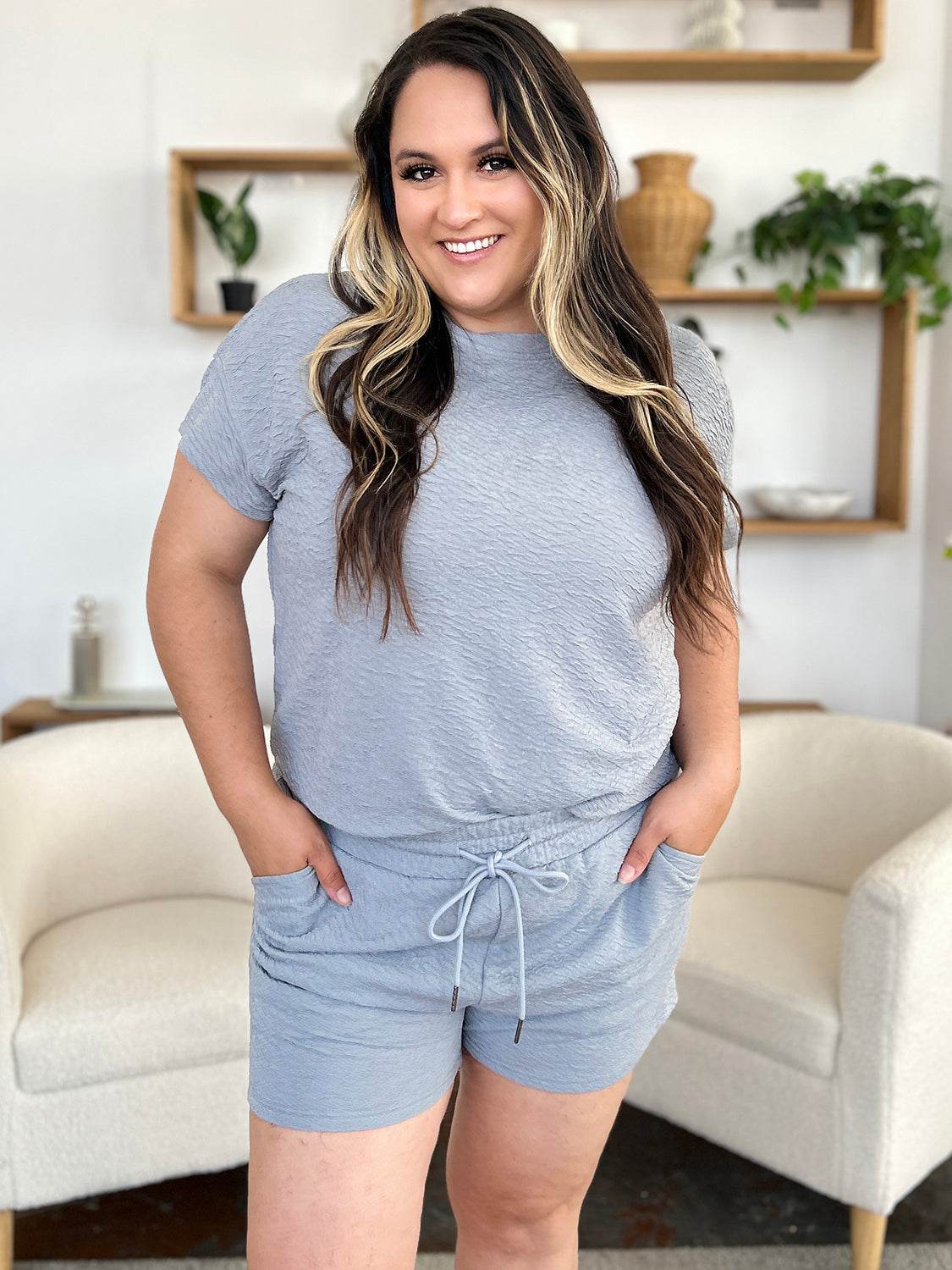 Double Take Full Size Texture Short Sleeve T-Shirt and Drawstring Shorts Set - Rosa Apparel