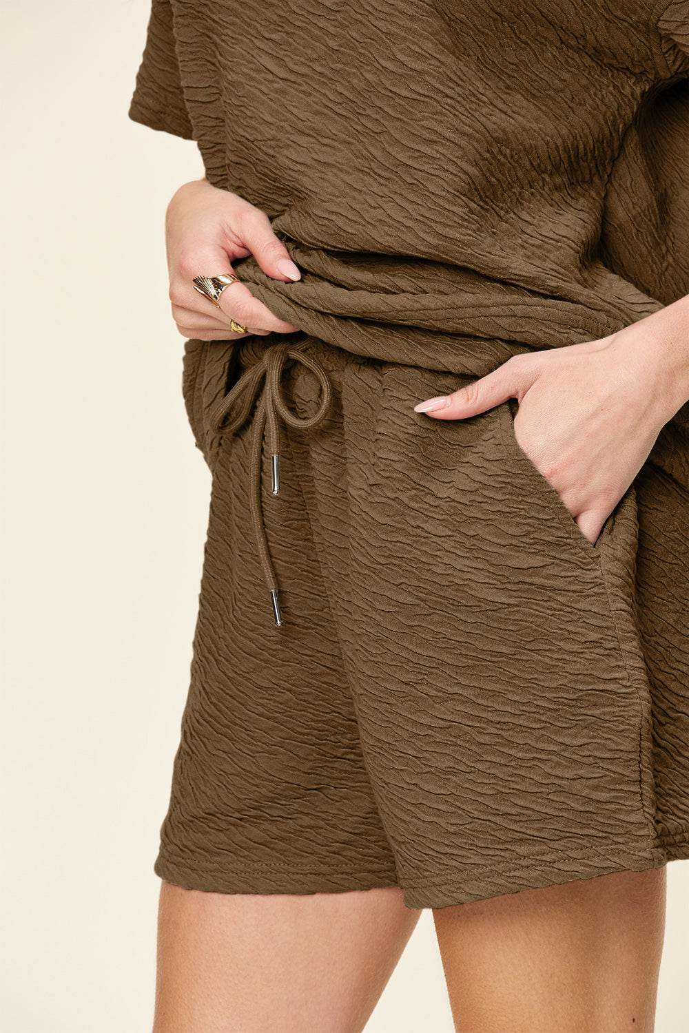 Double Take Full Size Texture Short Sleeve T-Shirt and Drawstring Shorts Set - Rosa Apparel