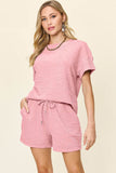 Double Take Full Size Texture Short Sleeve T-Shirt and Drawstring Shorts Set - Rosa Apparel