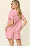 Double Take Full Size Texture Short Sleeve T-Shirt and Drawstring Shorts Set - Rosa Apparel