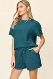 Double Take Full Size Texture Short Sleeve T-Shirt and Drawstring Shorts Set - Rosa Apparel