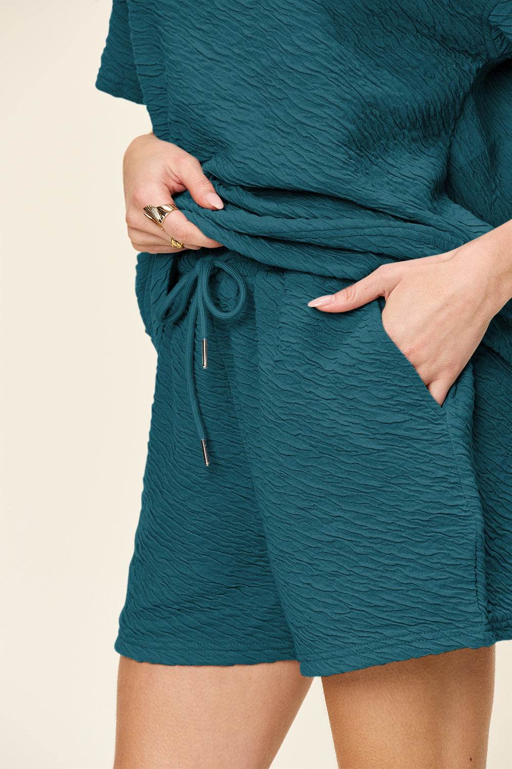 Double Take Full Size Texture Short Sleeve T-Shirt and Drawstring Shorts Set - Rosa Apparel