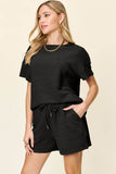 Double Take Full Size Texture Short Sleeve T-Shirt and Drawstring Shorts Set - Rosa Apparel