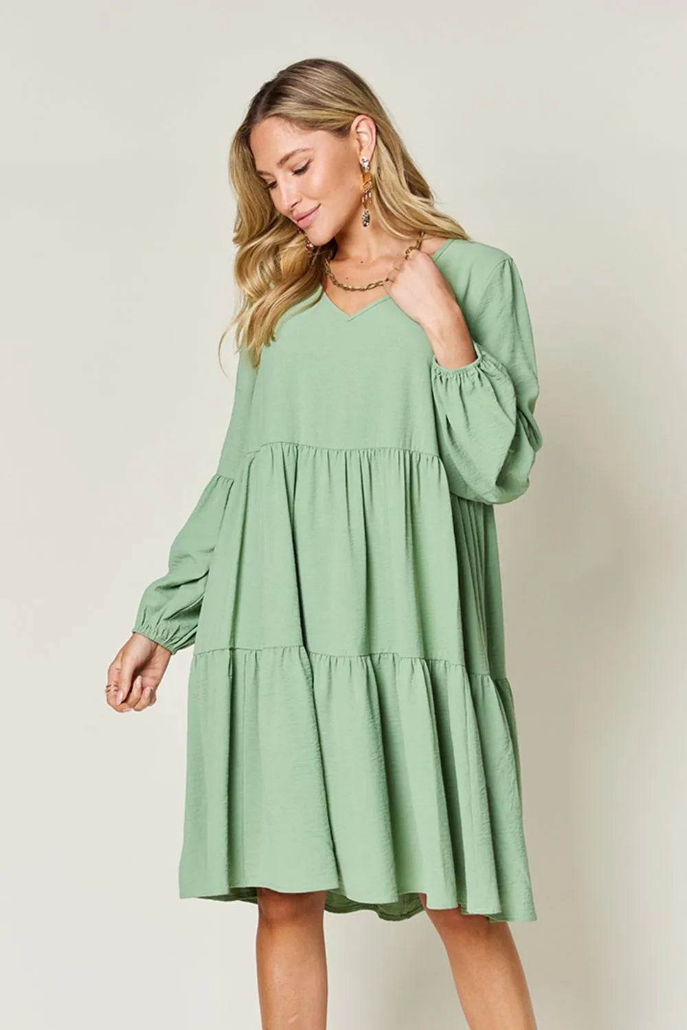 Double Take Full Size V-Neck Balloon Sleeve Tiered Dress with Pockets - Rosa Apparel