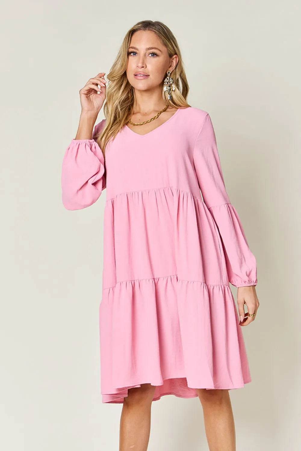 Double Take Full Size V-Neck Balloon Sleeve Tiered Dress with Pockets - Rosa Apparel