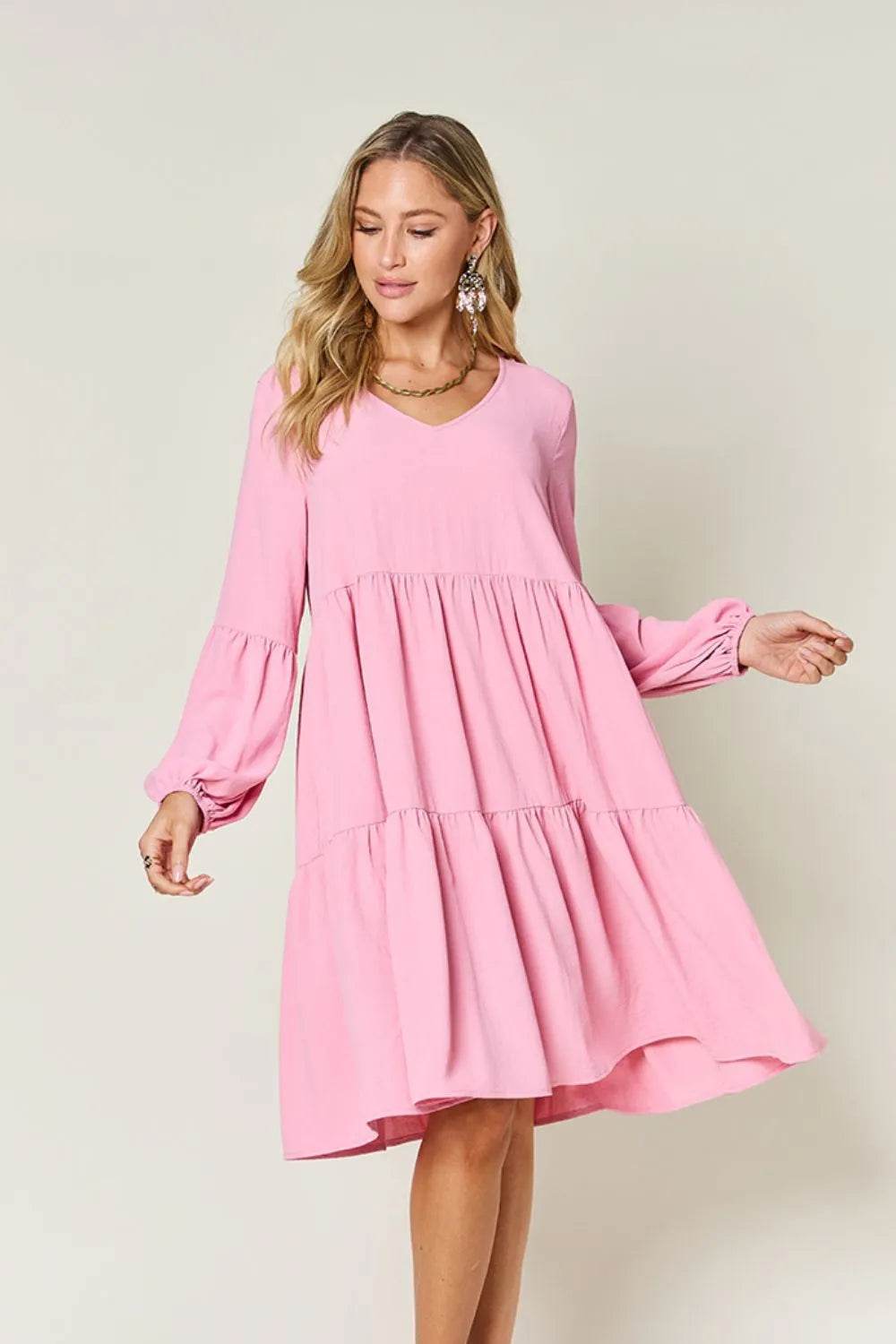 Double Take Full Size V-Neck Balloon Sleeve Tiered Dress with Pockets - Rosa Apparel