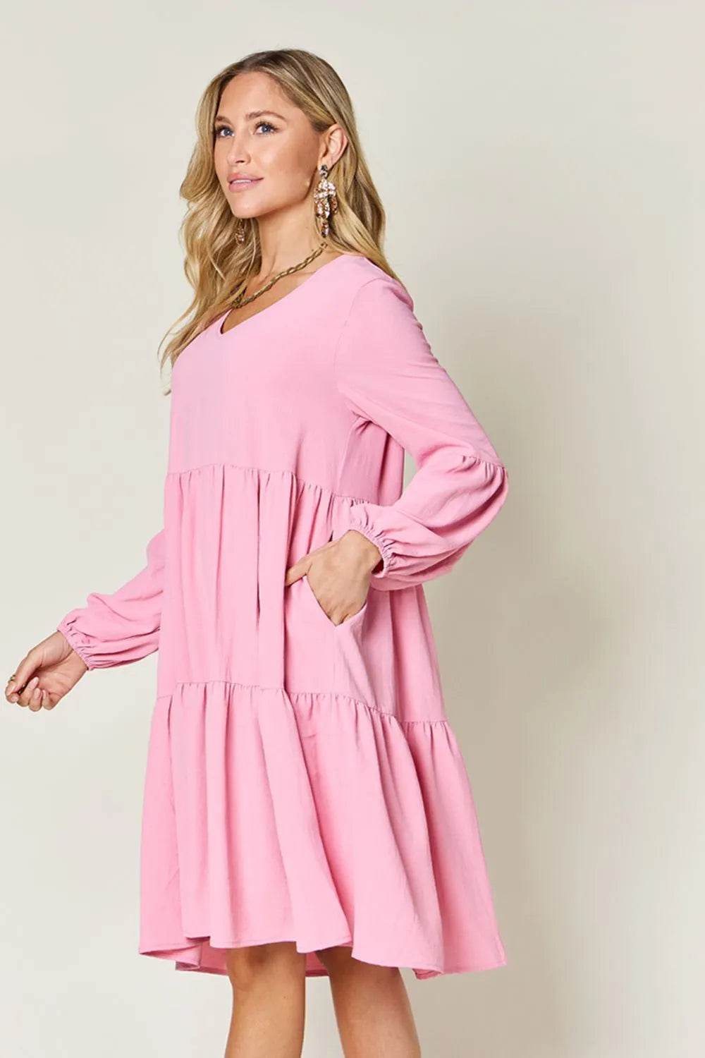 Double Take Full Size V-Neck Balloon Sleeve Tiered Dress with Pockets - Rosa Apparel