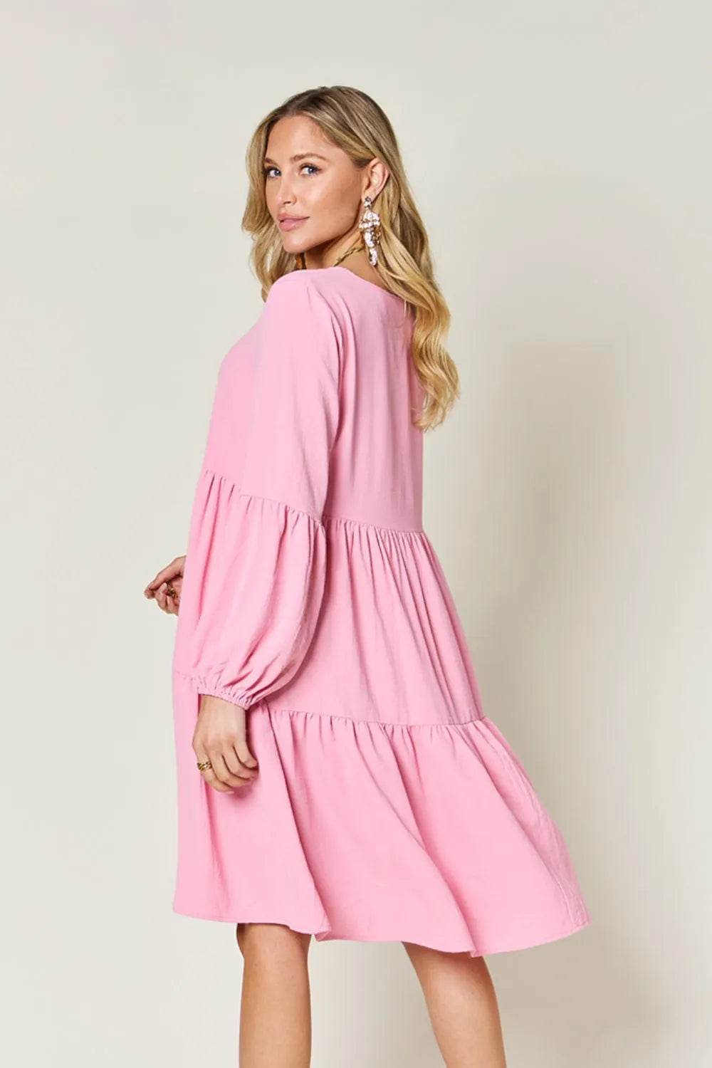 Double Take Full Size V-Neck Balloon Sleeve Tiered Dress with Pockets - Rosa Apparel